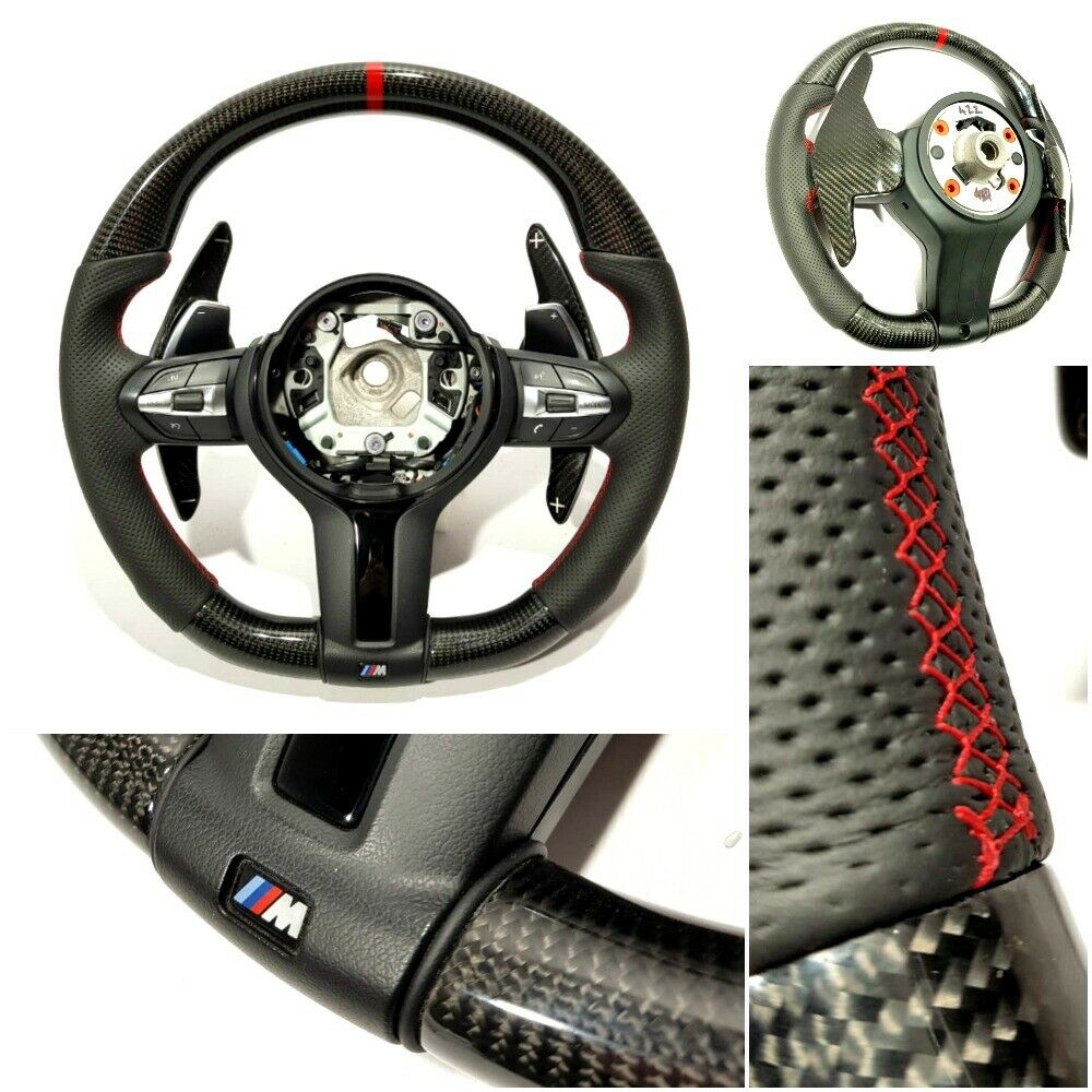 BMW F15 F30 M Style Steering Wheel Carbon Fiber Leather Paddle Shifts Red Strip