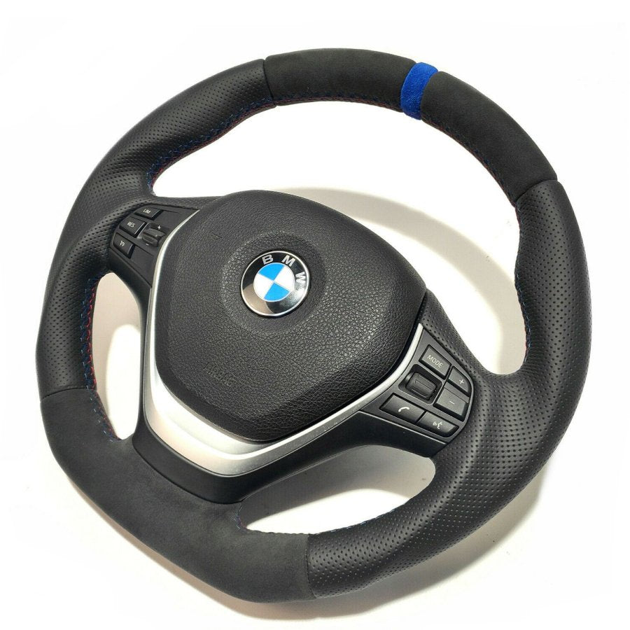 BMW F30 Steering Wheel Leather Blue Alcantara Stripe Flat Bottom