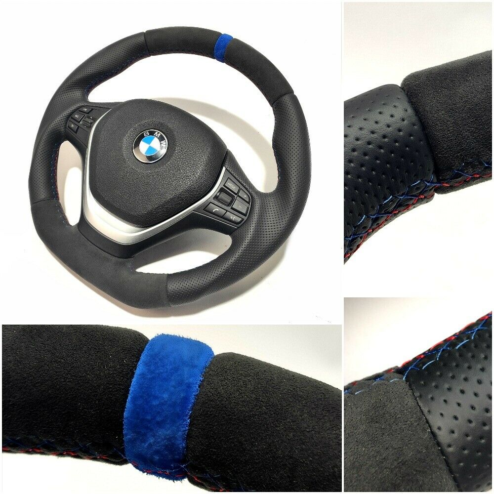 BMW F30 Steering Wheel Leather Blue Alcantara Stripe Flat Bottom