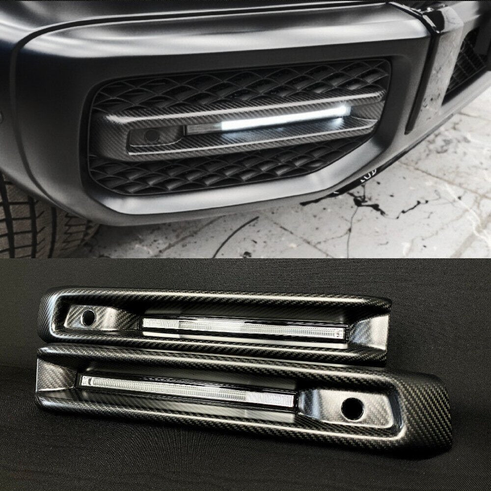 Carbon fiber front AMG bumper fog lights covers with LEDs for Mercedes-Benz G-Class W463A