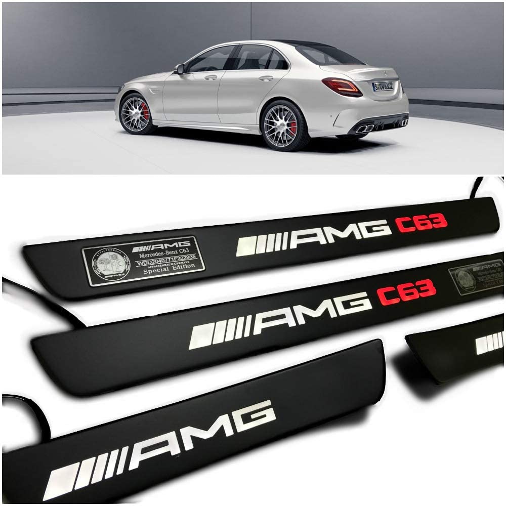 Mercedes-Benz Compatible with AMG C63 Style W205 W204 W213 C Class Entrance mouldings LED Illuminated Door Sills Interior Trim Set 4 pcs Stainless Steel Black Matte White with red Sign