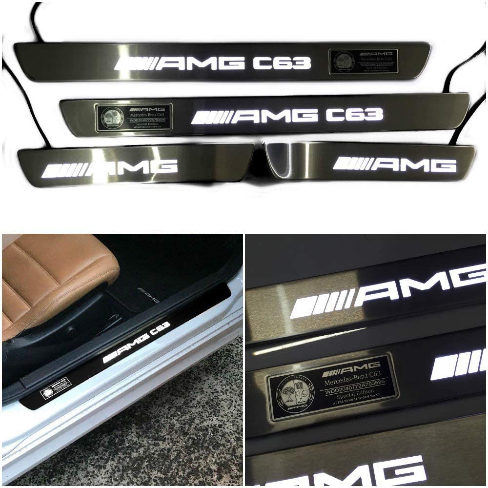 Mercedes-Benz kompatibel mit AMG C63 Style W205 W204 W213 C-Klasse Eingangsleisten, LED-beleuchtete Einstiegsleisten, Innenverkleidungsset, 4-teilig, Edelstahl, poliertes Chrom, weißes Schild