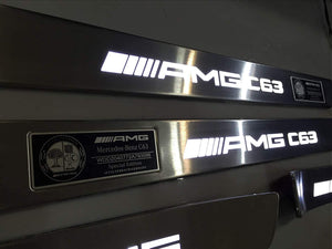 Mercedes-Benz Compatible with AMG C63 Style W205 W204 W213 C Class Entrance mouldings LED Illuminated Door Sills Interior Trim Set 4 pcs Stainless Steel Polished Chrome White Sign