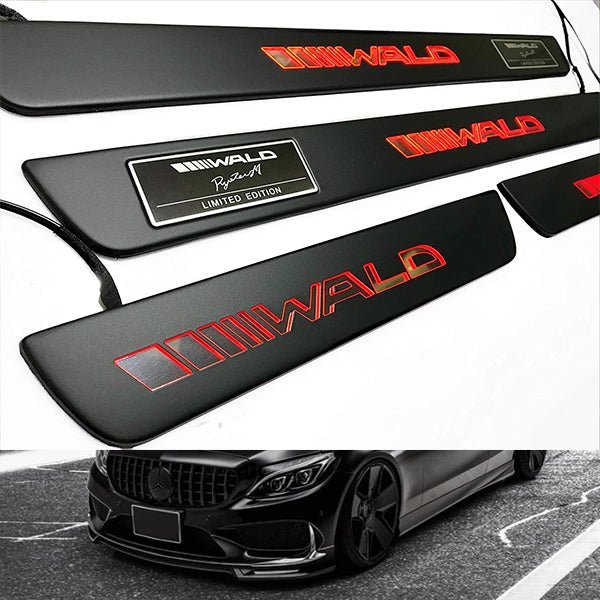 Mercedes-Benz Compatible with AMG C63 WALD Style W205 W204 W213 C Class Entrance mouldings LED Illuminated Door Sills Interior Trim Set 4 pcs Stainless Steel Black Matte red Sign