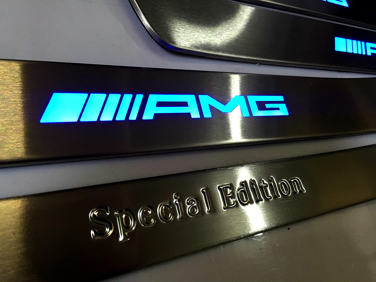 Mercedes-Benz Compatible with AMG Special Edition W222 S222 S63 S500 S550 S65 S Class Entrance mouldings LED Illuminated Door Sills Interior Trim Set 8 pcs Stainless Steel Polished Chrome Blue Sign