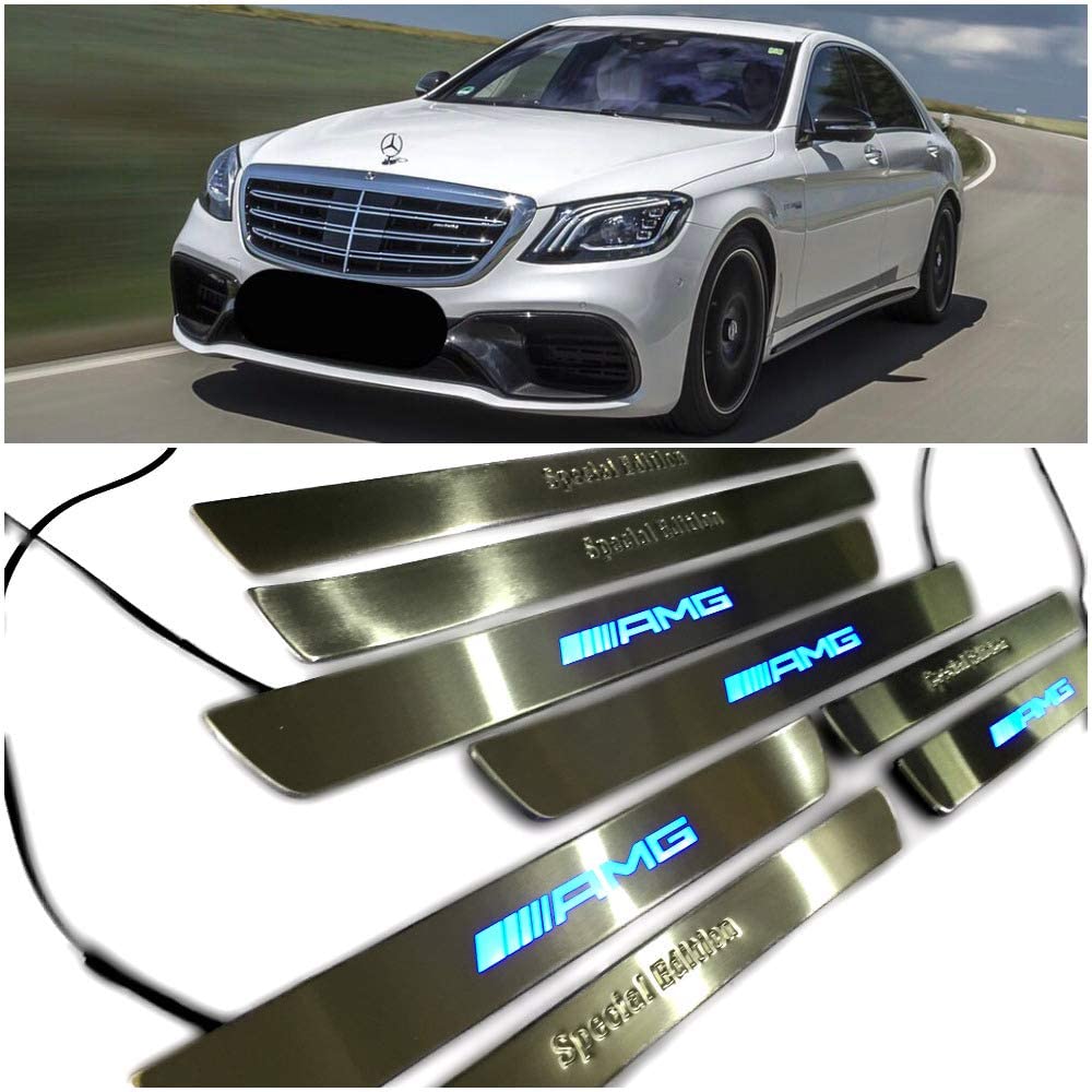 Mercedes-Benz kompatibel mit AMG Special Edition W222 S222 S63 S500 S550 S65 S-Klasse Einstiegsleisten, LED-beleuchtete Einstiegsleisten, Innenverkleidungsset, 8-teilig, Edelstahl, poliertes Chrom, blaues Schild