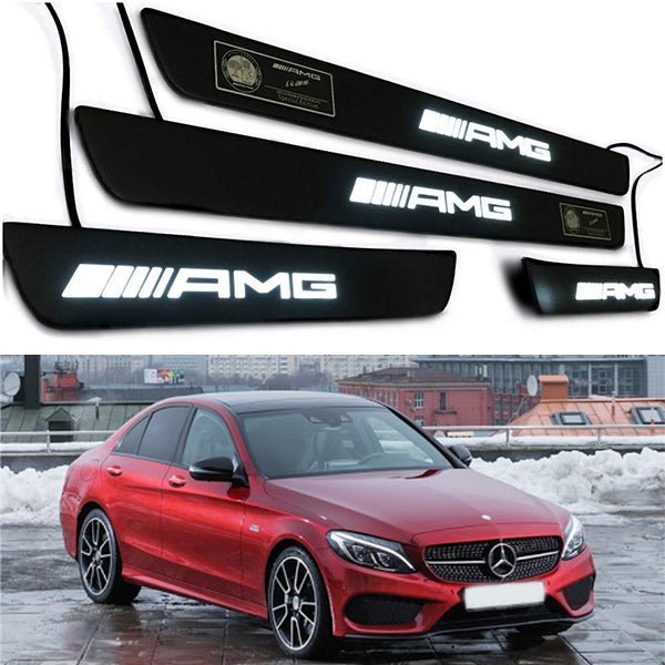 Mercedes-Benz kompatibel mit AMG Style W205 W204 W213 C-Klasse Einstiegsleisten, LED-beleuchtete Türschweller, Innenverkleidungsset, 4-teilig, Edelstahl, schwarz, mattweiß, Schild