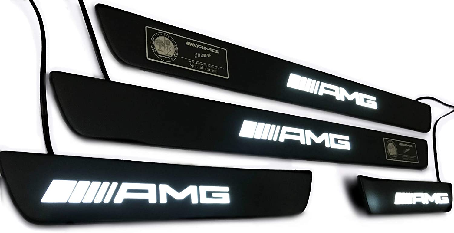 Mercedes-Benz Compatible with AMG Style W205 W204 W213 C Class Entrance mouldings LED Illuminated Door Sills Interior Trim Set 4 pcs Stainless Steel Black Matte White Sign