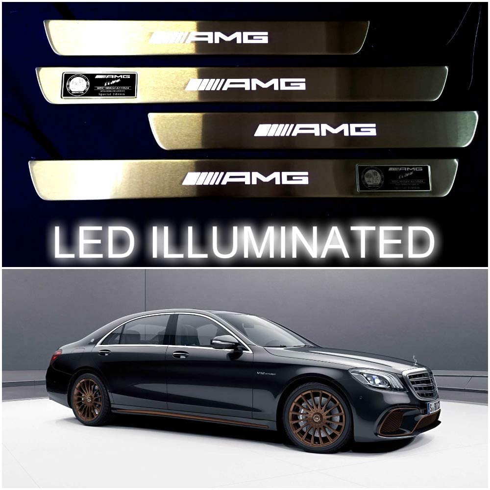Mercedes-Benz kompatibel mit AMG W222 S222 S63 S500 S550 S65 S-Klasse Einstiegsleisten, LED-beleuchtete Einstiegsleisten, Innenverkleidungsset, 4-teilig, Edelstahl, poliertes Chrom, weißes Schild