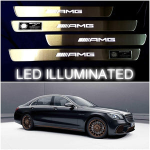 Mercedes-Benz Compatible with AMG W222 S222 S63 S500 S550 S65 S Class Entrance mouldings LED Illuminated Door Sills Interior Trim Set 4 pcs Stainless Steel Polished Chrome White Sign