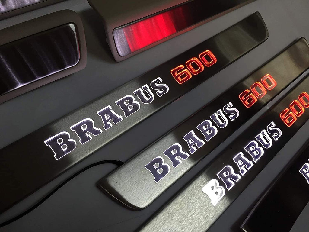 Mercedes-Benz kompatibel mit Brabus 600 W222 S222 S63 S500 S550 S65 S-Klasse Einstiegsleisten, LED-beleuchtete Einstiegsleisten, Innenverkleidungsset, 8-teilig, Edelstahl, poliertes Chrom, weißes Schild