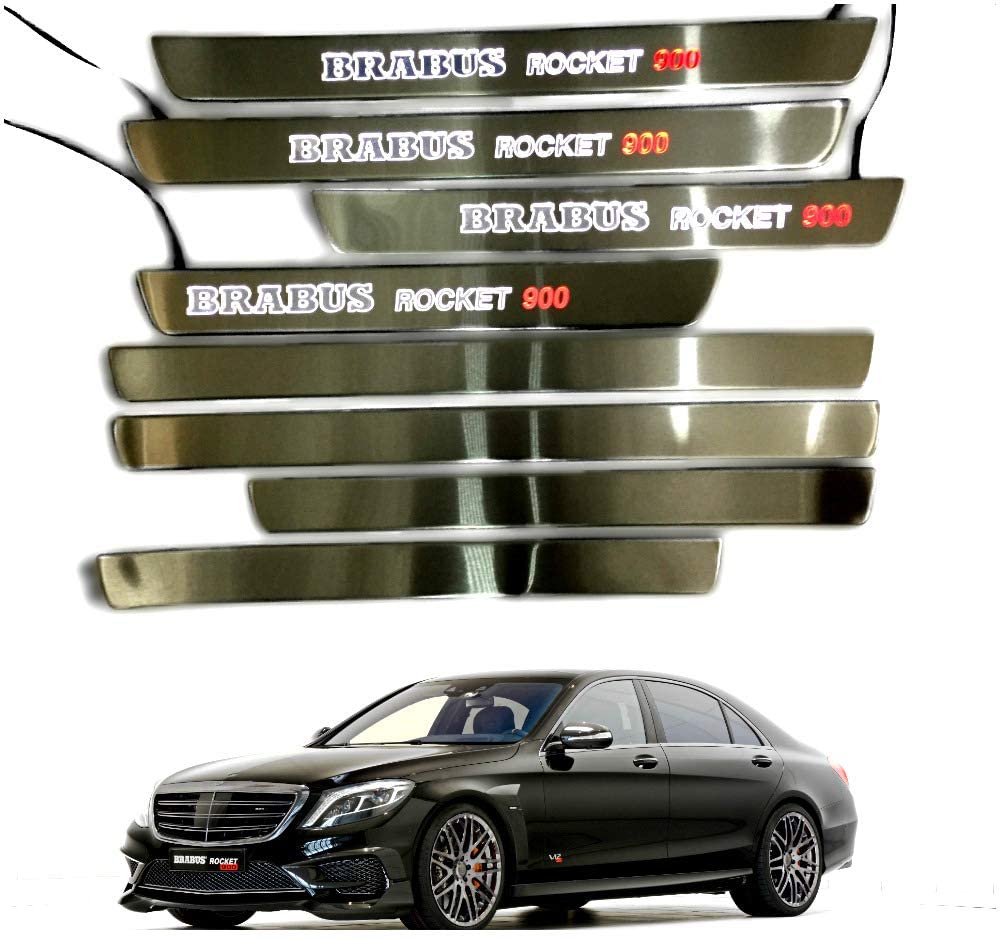 Mercedes-Benz kompatibel mit Brabus Rocket 900 W222 S222 S63 S500 S550 S65 S-Klasse Einstiegsleisten, LED-beleuchtete Einstiegsleisten, Innenverkleidungsset, 8-teilig, Edelstahl, poliertes Chrom, weißes rotes Schild