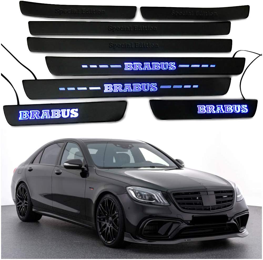 Mercedes-Benz kompatibel mit Brabus Style Special Edition W222 S222 S63 S500 S550 S65 S-Klasse Einstiegsleisten, LED-beleuchtete Einstiegsleisten, Innenverkleidungsset, Edelstahl, schwarz, matt, blaues Schild
