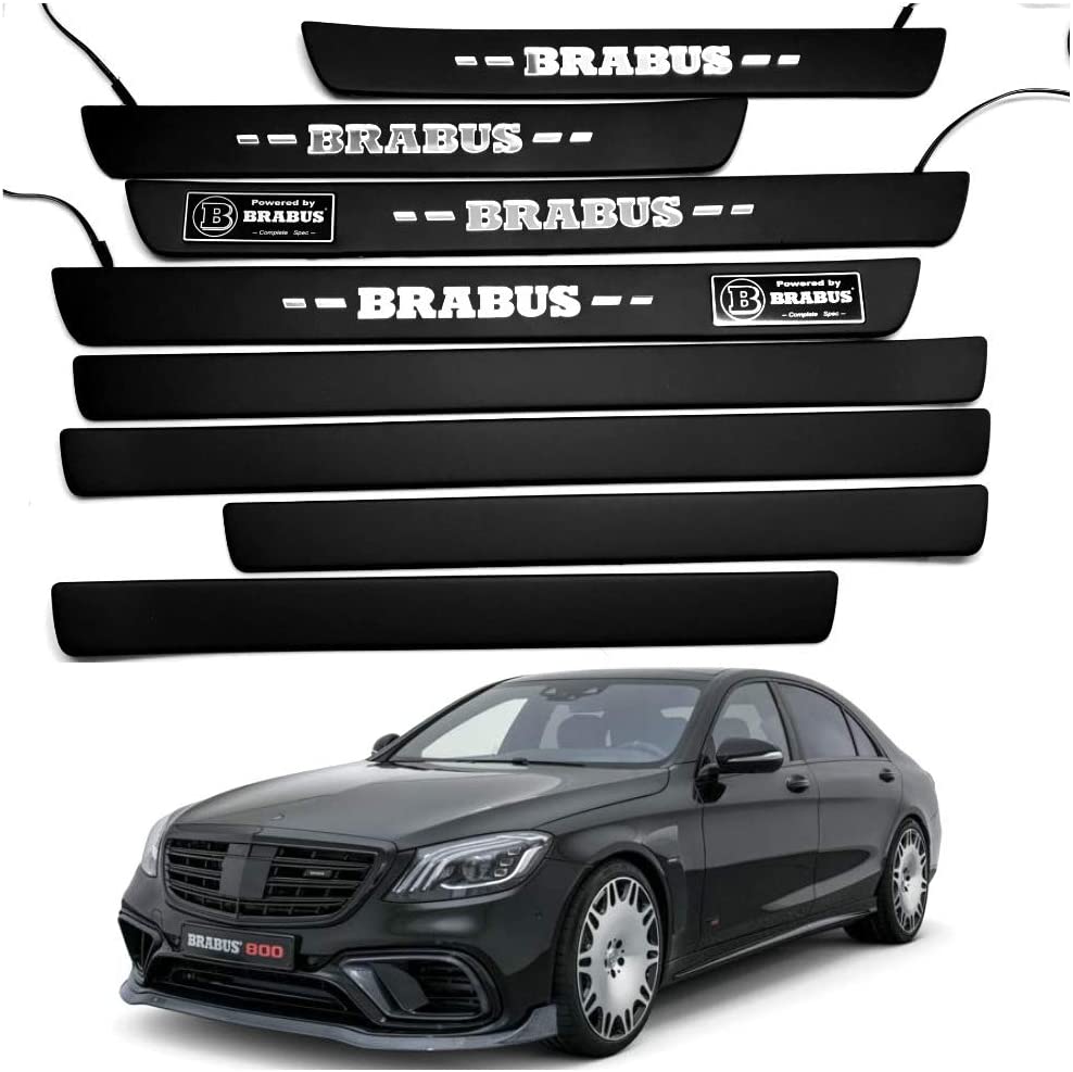 Mercedes-Benz, kompatibel mit Brabus Style W222, S222, S63, S500, S550, S65, S-Klasse, Einstiegsleisten, LED-beleuchtete Einstiegsleisten, Innenverkleidungsset, 8-teilig, Edelstahl, schwarz, mattweiß, Schild
