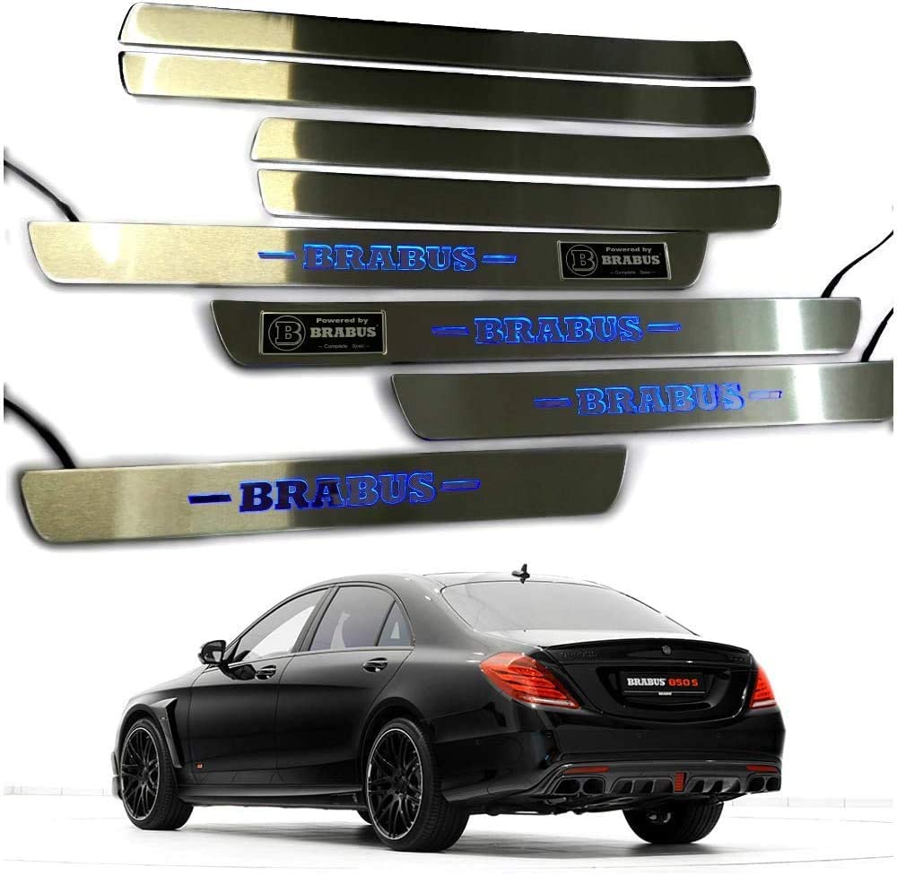 Mercedes-Benz kompatibel mit Powered by Brabus W222 S222 S63 S500 S550 S65 S-Klasse Eingangsleisten, LED-beleuchtete Einstiegsleisten, Innenverkleidungsset, 8-teilig, Edelstahl, poliertes Chrom, blaues Schild