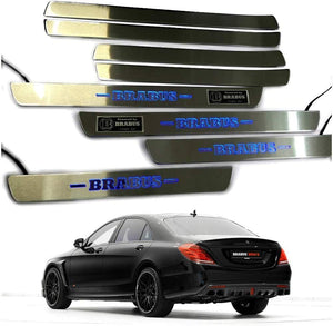 Mercedes-Benz Compatible with Powered by Brabus W222 S222 S63 S500 S550 S65 S Class Entrance mouldings LED Illuminated Door Sills Interior Trim Set 8 pcs Stainless Steel Polished Chrome Blue Sign