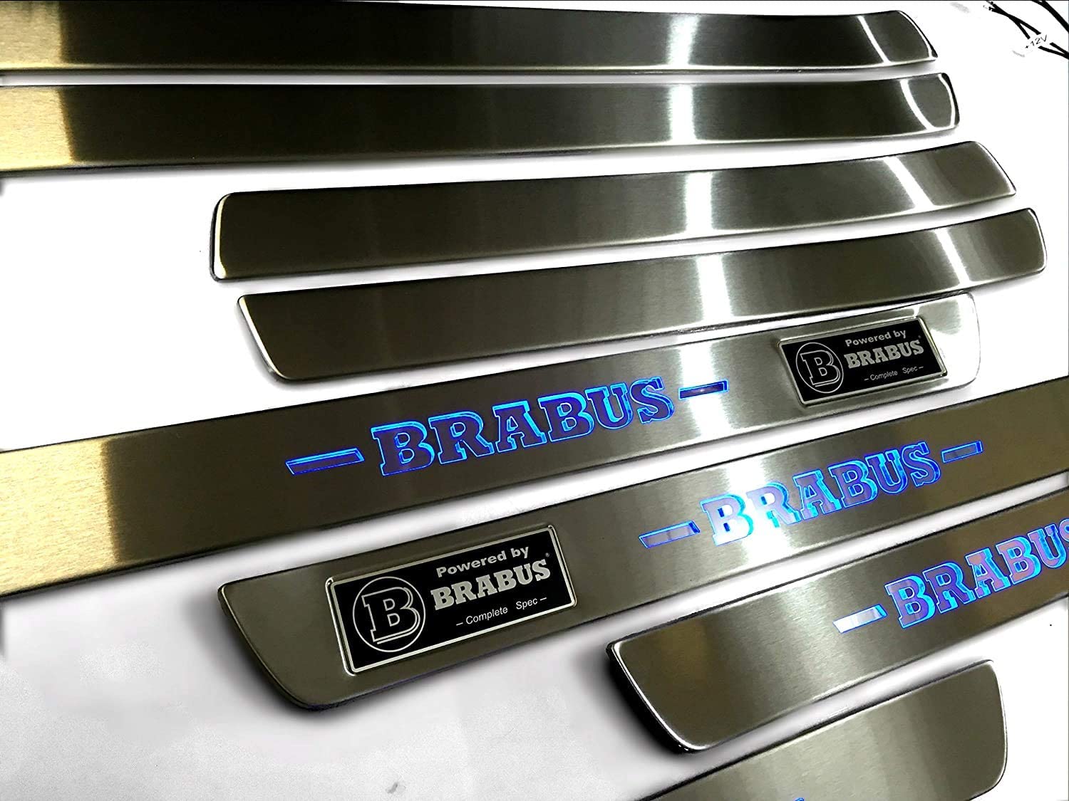 Mercedes-Benz Compatible with Powered by Brabus W222 S222 S63 S500 S550 S65 S Class Entrance mouldings LED Illuminated Door Sills Interior Trim Set 8 pcs Stainless Steel Polished Chrome Blue Sign