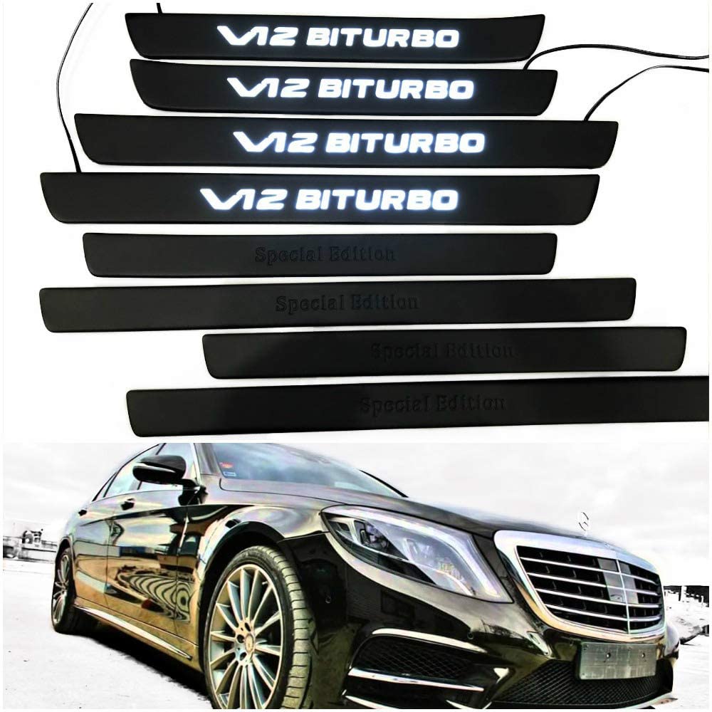 Mercedes-Benz Compatible con V12 Biturbo Edición Especial W222 S222 S63 S500 S550 S65 Clase S Molduras de Entrada Umbrales de Puerta con iluminación LED Juego de molduras Interiores Acero Inoxidable Negro Mate Blanco Letrero