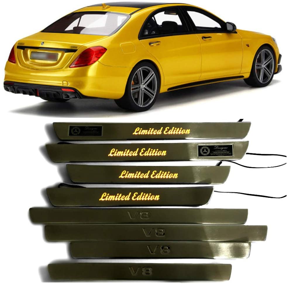 Mercedes-Benz Limited Edition V8 W222 S222 S63 S500 S550 S65 S Class Entrance mouldings LED Illuminated Door Sills Interior Trim Set 8 pcs Stainless Steel Polished Chrome Yellow Sign