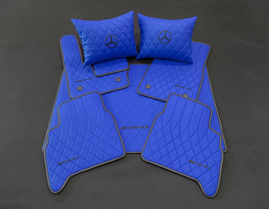 Fußmatten für Mercedes-Benz W463A G63 G500, weiches blaues Leder, schwarze Nähte, Logo-Emblem 