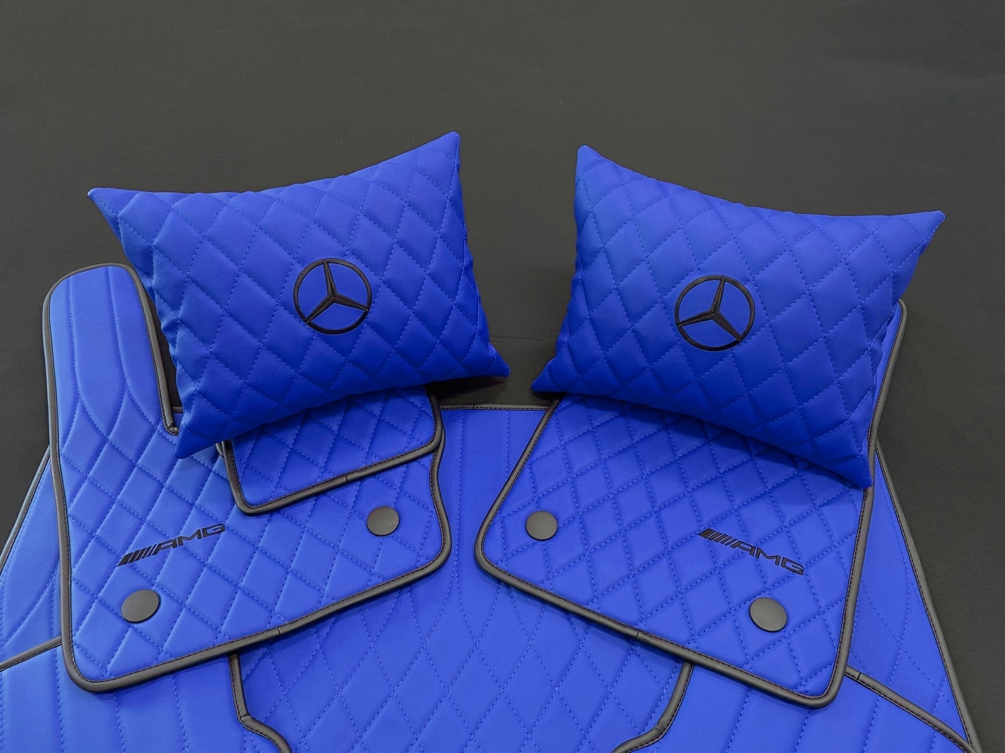 Mercedes-Benz W463A G63 G500 Floor Mats Soft Blue Leather Black Stitching Logo Emblem