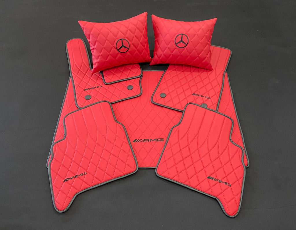Fußmatten für Mercedes-Benz W463A G63 G500, weiches rotes Leder, schwarze Nähte, Logo-Emblem 