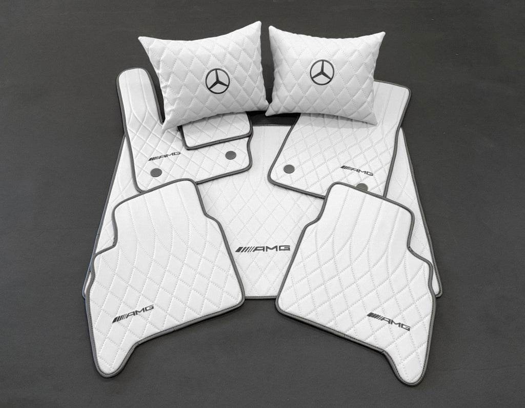 Fußmatten für Mercedes-Benz W463A G63 G500, weiches weißes Leder, schwarze Nähte, Logo-Emblem 